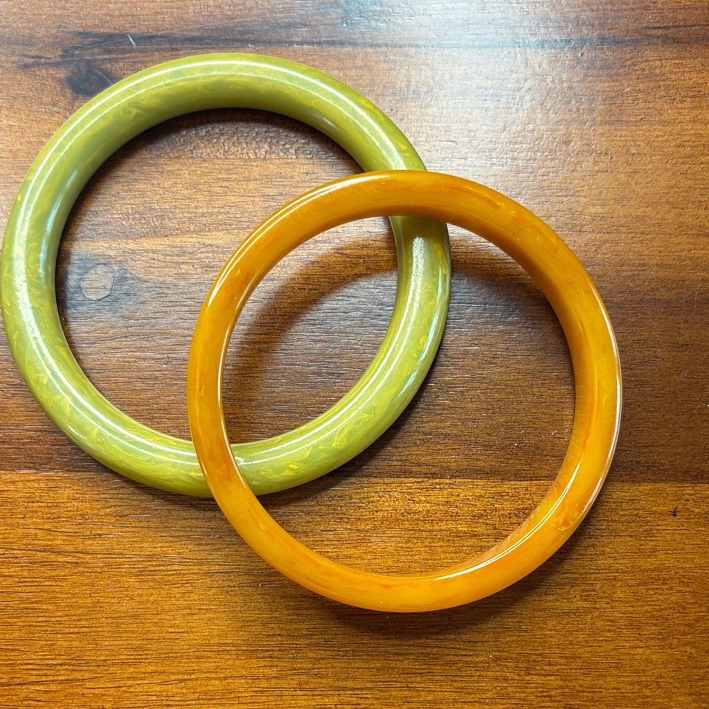 Vintage Green And Orange Bakelite Bangle Bracelets